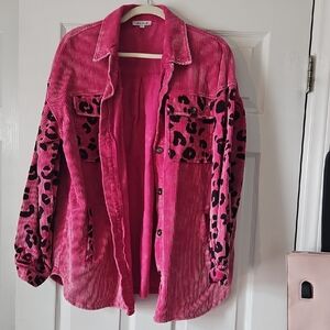 white birch Hot Pink Corduroy Shacket with Black Leopard Print